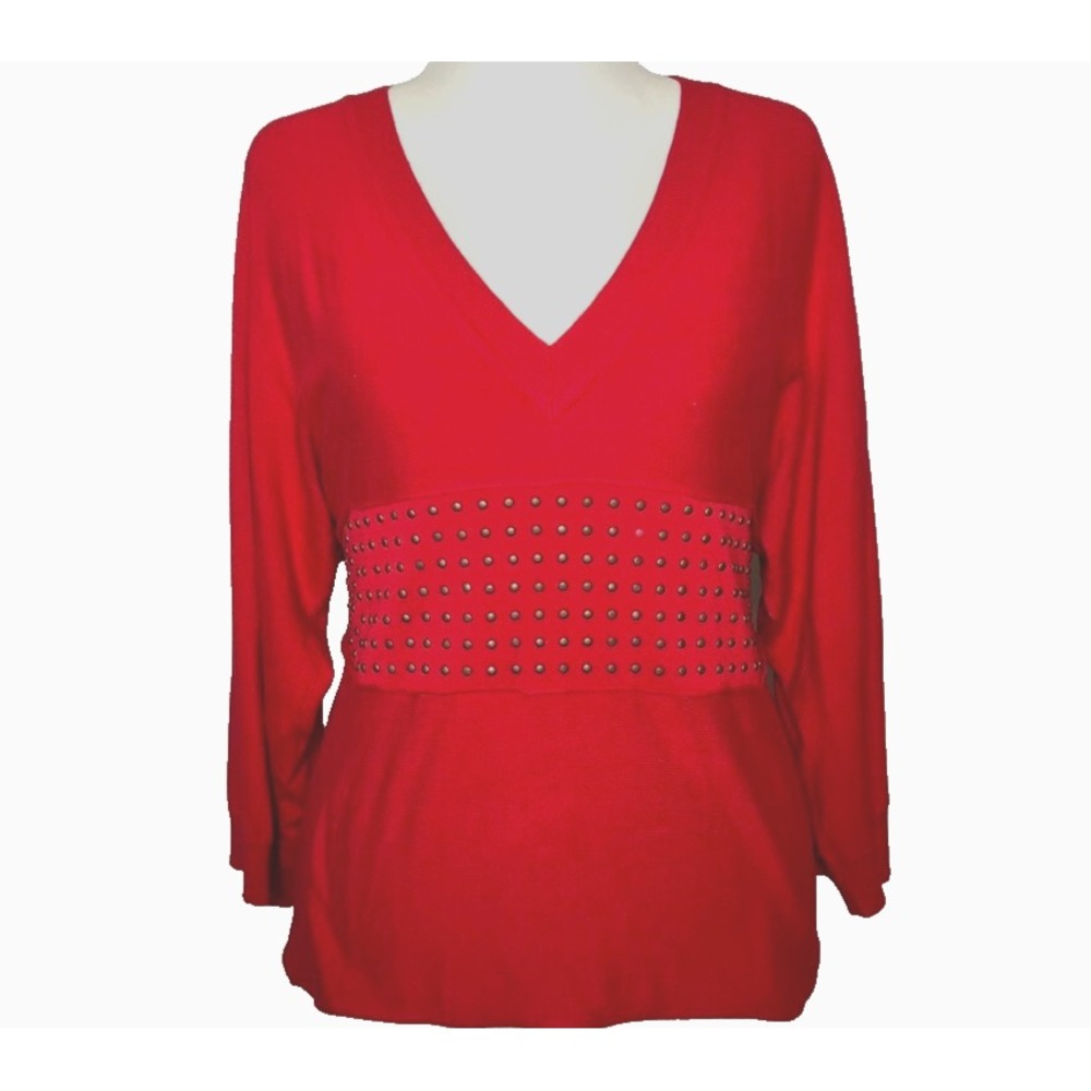Yuka Paris‎ T1 Womens Red Knit Top Sweater XL Batwing 3/4 Sleeve 90's Vintage